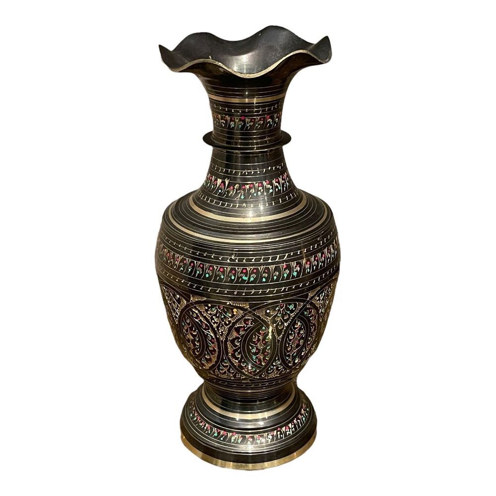 Vase Brass Metal Ombre Gold Tone Floral‎ Bohemian Vtg Hand Etched Size 10" H